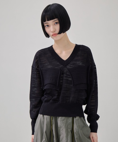 kotohayokozawa（コトハヨコザワ）の「【kotohayokozawa/コトハヨコザワ】T*D* V-NECK SHEER KNIT/TDブイネックシアーニット（ニット/セーター・レディース・イエロー/ライトブルー/ブラック・FREE）」の2枚目の写真