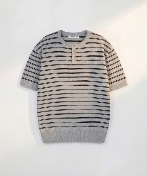 Stripe Henleyneck Cotton Knit GREY