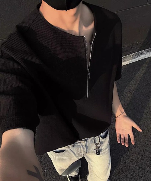 SHEPP(シープ)の「【UNISEX】ハーフジップワッフルルーズプルオーバー(Tシャツ/カットソー・メンズ・グレー/ブラック/ホワイト・L/M)」の6枚目の写真