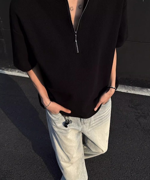 SHEPP(シープ)の「【UNISEX】ハーフジップワッフルルーズプルオーバー(Tシャツ/カットソー・メンズ・グレー/ブラック/ホワイト・L/M)」の9枚目の写真