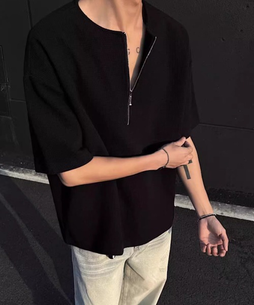 SHEPP(シープ)の「【UNISEX】ハーフジップワッフルルーズプルオーバー(Tシャツ/カットソー・メンズ・グレー/ブラック/ホワイト・L/M)」の11枚目の写真