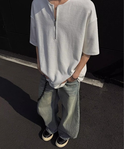 SHEPP(シープ)の「【UNISEX】ハーフジップワッフルルーズプルオーバー(Tシャツ/カットソー・メンズ・グレー/ブラック/ホワイト・L/M)」の21枚目の写真