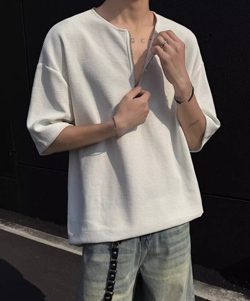 SHEPP(シープ)の「【UNISEX】ハーフジップワッフルルーズプルオーバー(Tシャツ/カットソー・メンズ・グレー/ブラック/ホワイト・L/M)」の19枚目の写真