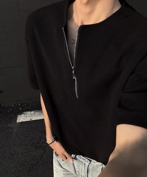 SHEPP(シープ)の「【UNISEX】ハーフジップワッフルルーズプルオーバー(Tシャツ/カットソー・メンズ・グレー/ブラック/ホワイト・L/M)」の8枚目の写真