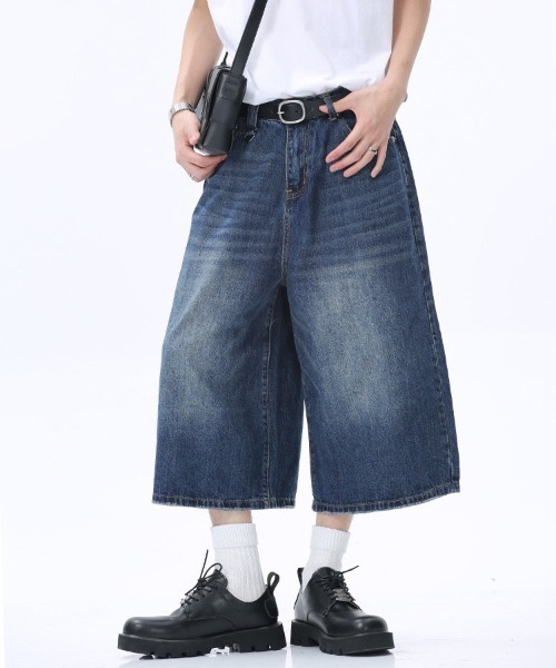DOUBLE STEAL(ダブルスティール)の「DSヴィンテージウォッシュワイドデニムハーフパンツ(デニムパンツ・メンズ・ブルー/ブラック/インディゴブルー・SMALL/MEDIUM/LARGE/X-LARGE)」の3枚目の写真