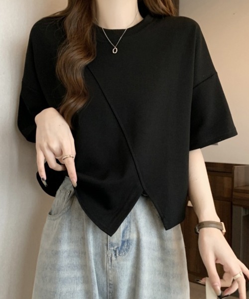 mielu(ミエル)の「アシメ切替スリットTシャツ《春夏/デイリーに活躍/体系カバー》(Tシャツ/カットソー・レディース・ブラック/ホワイト/ベージュ・LARGE/MEDIUM)」の5枚目の写真
