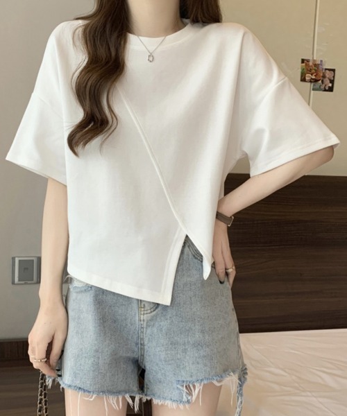 mielu(ミエル)の「アシメ切替スリットTシャツ《春夏/デイリーに活躍/体系カバー》(Tシャツ/カットソー・レディース・ブラック/ホワイト/ベージュ・LARGE/MEDIUM)」の4枚目の写真