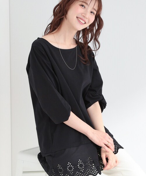 SHOO・LA・RUE(シューラルー)の「【洗濯機可/ひんやり/S-LL】裾レース切り替え ねじりお袖チュニック(チュニック・レディース・ブラック/ブラウン系/ブルーグリーン・01/02/03/04)」の1枚目の写真
