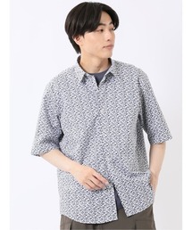 シャツ メンズ 半袖 ストレッチ 綿混 ブロード リーフ ややゆったり レギュラーカラー ややゆったり ルーズフィット