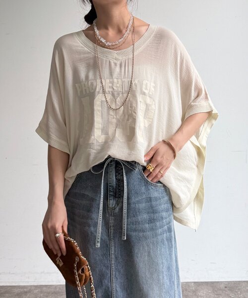 DouDou(ドゥドゥ)の「シアーポンチョロゴTEE(Tシャツ/カットソー・レディース・オフホワイト/チャコールグレー/カーキ・FREE)」の9枚目の写真