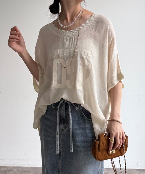 DouDou(ドゥドゥ)の「シアーポンチョロゴTEE(Tシャツ/カットソー・レディース・オフホワイト/チャコールグレー/カーキ・FREE)」の11枚目の写真