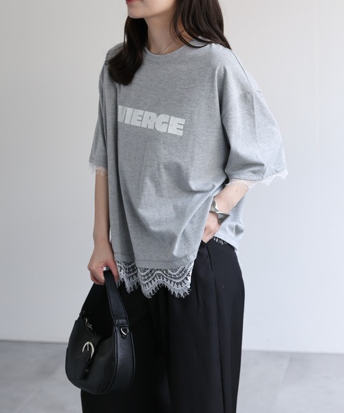 ap retro(アプレトロ)の「ロゴプリントレースドッキングTee / Tシャツ(Tシャツ/カットソー・レディース・チャコール/ホワイト/ブラック/グレー・FREE)」の1枚目の写真