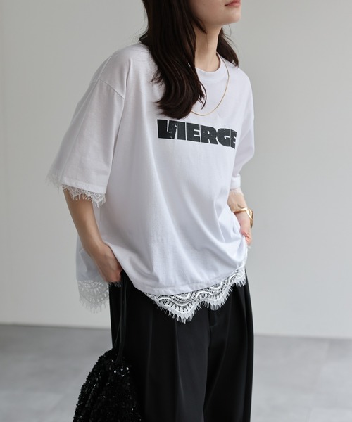 ap retro(アプレトロ)の「ロゴプリントレースドッキングTee / Tシャツ(Tシャツ/カットソー・レディース・チャコール/ホワイト/ブラック/グレー・FREE)」の2枚目の写真