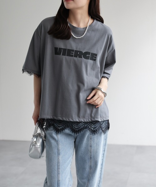 ap retro(アプレトロ)の「ロゴプリントレースドッキングTee / Tシャツ(Tシャツ/カットソー・レディース・チャコール/ホワイト/ブラック/グレー・FREE)」の4枚目の写真