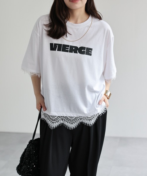 ap retro(アプレトロ)の「ロゴプリントレースドッキングTee / Tシャツ(Tシャツ/カットソー・レディース・チャコール/ホワイト/ブラック/グレー・FREE)」の10枚目の写真