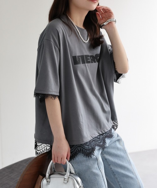 ap retro(アプレトロ)の「ロゴプリントレースドッキングTee / Tシャツ(Tシャツ/カットソー・レディース・チャコール/ホワイト/ブラック/グレー・FREE)」の5枚目の写真