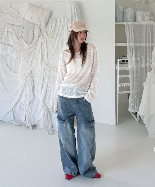 4INT.(フォイント)の「ウォッシュド カーゴ デニム ワイドパンツ(デニムパンツ・レディース・ブルー・L/M/S)」の21枚目の写真