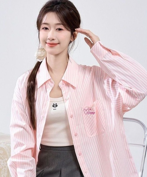 AsheKsha(アシクシャ)の「ピンクのストライプ刺繍ゆったりシャツ(シャツ/ブラウス・レディース・ピンク・M)」の18枚目の写真
