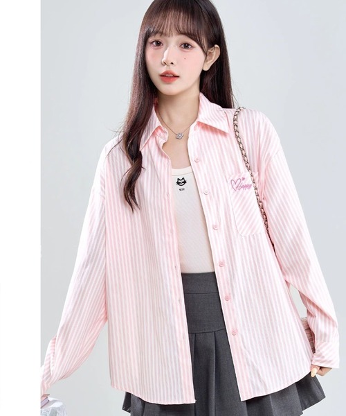 AsheKsha(アシクシャ)の「ピンクのストライプ刺繍ゆったりシャツ(シャツ/ブラウス・レディース・ピンク・M)」の14枚目の写真