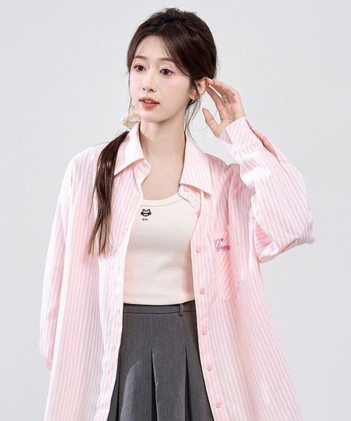 AsheKsha(アシクシャ)の「ピンクのストライプ刺繍ゆったりシャツ(シャツ/ブラウス・レディース・ピンク・M)」の17枚目の写真