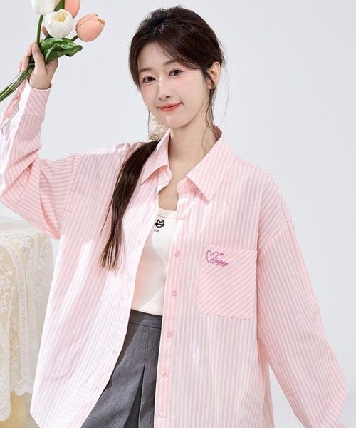 AsheKsha(アシクシャ)の「ピンクのストライプ刺繍ゆったりシャツ(シャツ/ブラウス・レディース・ピンク・M)」の19枚目の写真
