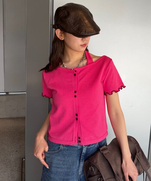 w closet(ダブルクローゼット)の「【5色展開】ホルタードッキングレイヤードニットT(ニット/セーター・レディース・ピンク/グリーン/アイボリー/イエロー/ネイビー・FREE)」の5枚目の写真
