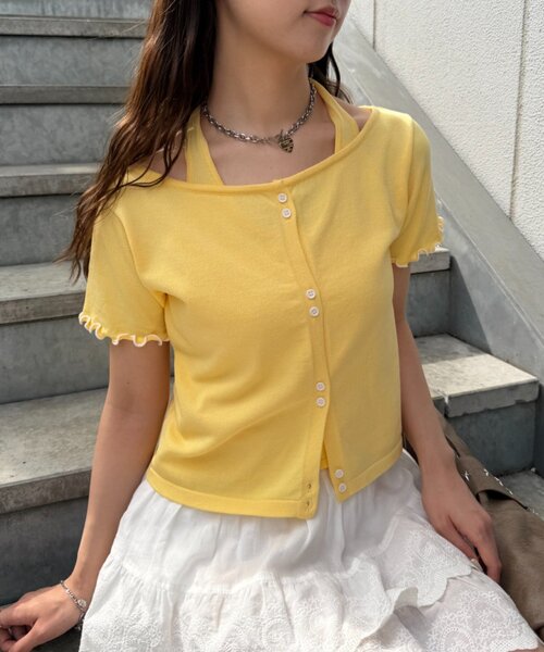 w closet(ダブルクローゼット)の「【5色展開】ホルタードッキングレイヤードニットT(ニット/セーター・レディース・ピンク/グリーン/アイボリー/イエロー/ネイビー・FREE)」の4枚目の写真