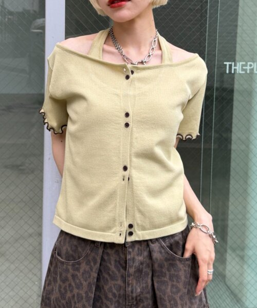 w closet(ダブルクローゼット)の「【5色展開】ホルタードッキングレイヤードニットT(ニット/セーター・レディース・ピンク/グリーン/アイボリー/イエロー/ネイビー・FREE)」の2枚目の写真