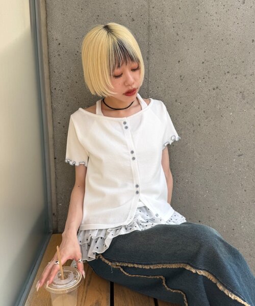 w closet(ダブルクローゼット)の「【5色展開】ホルタードッキングレイヤードニットT(ニット/セーター・レディース・ピンク/グリーン/アイボリー/イエロー/ネイビー・FREE)」の1枚目の写真