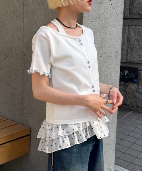 w closet(ダブルクローゼット)の「【5色展開】ホルタードッキングレイヤードニットT(ニット/セーター・レディース・ピンク/グリーン/アイボリー/イエロー/ネイビー・FREE)」の11枚目の写真