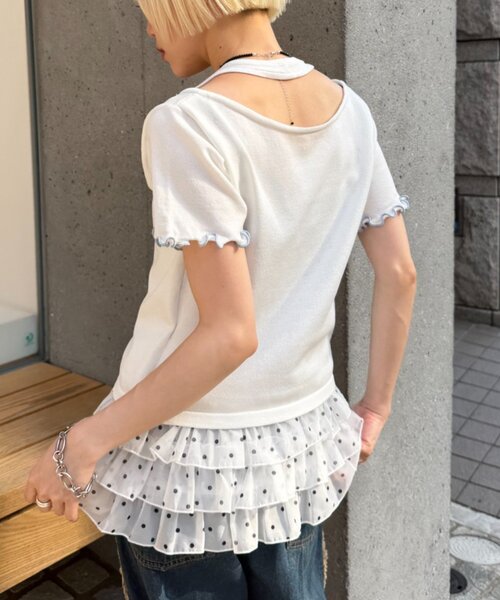 w closet(ダブルクローゼット)の「【5色展開】ホルタードッキングレイヤードニットT(ニット/セーター・レディース・ピンク/グリーン/アイボリー/イエロー/ネイビー・FREE)」の9枚目の写真
