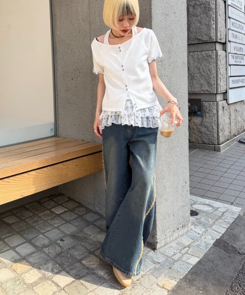 w closet(ダブルクローゼット)の「【5色展開】ホルタードッキングレイヤードニットT(ニット/セーター・レディース・ピンク/グリーン/アイボリー/イエロー/ネイビー・FREE)」の8枚目の写真