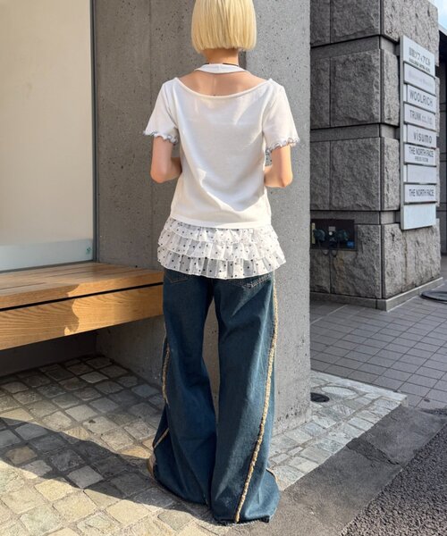 w closet(ダブルクローゼット)の「【5色展開】ホルタードッキングレイヤードニットT(ニット/セーター・レディース・ピンク/グリーン/アイボリー/イエロー/ネイビー・FREE)」の6枚目の写真