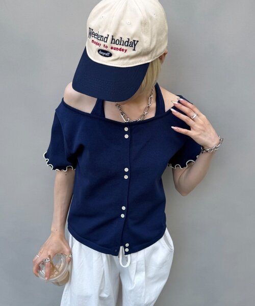 w closet(ダブルクローゼット)の「【5色展開】ホルタードッキングレイヤードニットT(ニット/セーター・レディース・ピンク/グリーン/アイボリー/イエロー/ネイビー・FREE)」の18枚目の写真
