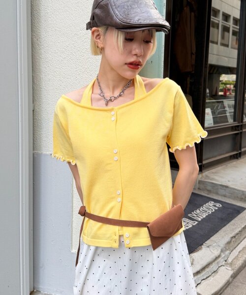 w closet(ダブルクローゼット)の「【5色展開】ホルタードッキングレイヤードニットT(ニット/セーター・レディース・ピンク/グリーン/アイボリー/イエロー/ネイビー・FREE)」の13枚目の写真