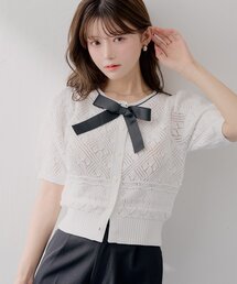 【SALON by Chico】フロントリボンクロシェパフ袖ニット