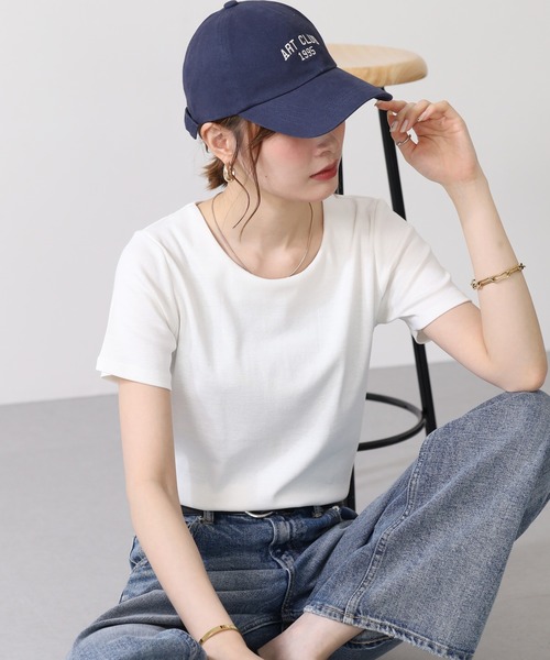 FUNALIVE（ファンアライブ）の「UネックコンパクトコットンTシャツ 半袖（Tシャツ/カットソー・レディース・オフホワイト/グレイッシュベージュ/カーキ/ブラック・L/LL/M）」の6枚目の写真