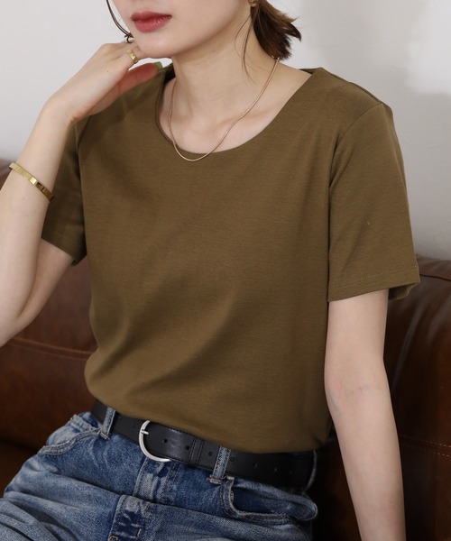 FUNALIVE（ファンアライブ）の「UネックコンパクトコットンTシャツ 半袖（Tシャツ/カットソー・レディース・オフホワイト/グレイッシュベージュ/カーキ/ブラック・L/LL/M）」の20枚目の写真