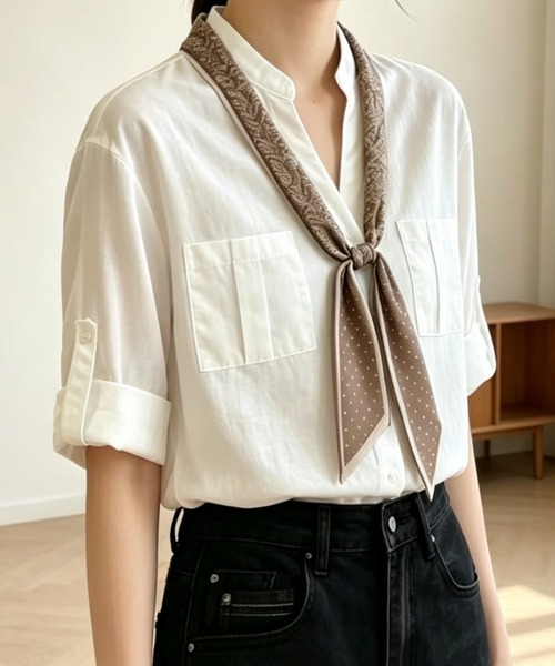 AMAJI(アマジ)の「スカーフ付き ルーズシルエット 長袖シャツジャケット(シャツ/ブラウス・レディース・ベージュ/ホワイト・FREE)」の3枚目の写真