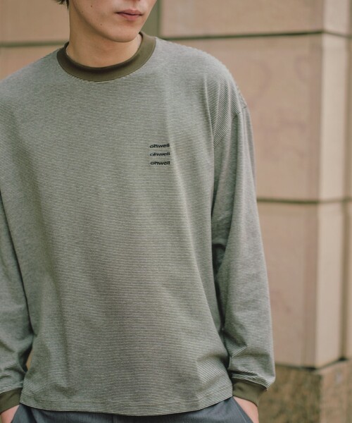 SHIPS any(シップス エニィ)の「【SHIPS any別注】ohwell: ワンポイント ロゴ 刺繍 ミジンボーダー Tシャツ(ロンT)◇(Tシャツ/カットソー・メンズ・オリーブ/グレー/コーラル・MEDIUM/LARGE)」の3枚目の写真