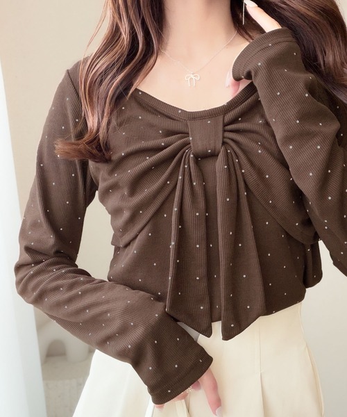 mily bilet(ミウィビレット)の「【mily bilet】甘めディテールを、大人っぽく纏う。主役級の可愛さ♪テレコリブ素材立体ドットリボンスクエアネックトップス(長袖)(Tシャツ/カットソー・レディース・ネイビー/アイボリー/ブラウン・X-LARGE/SMALL/MEDIUM/LARGE)」の22枚目の写真
