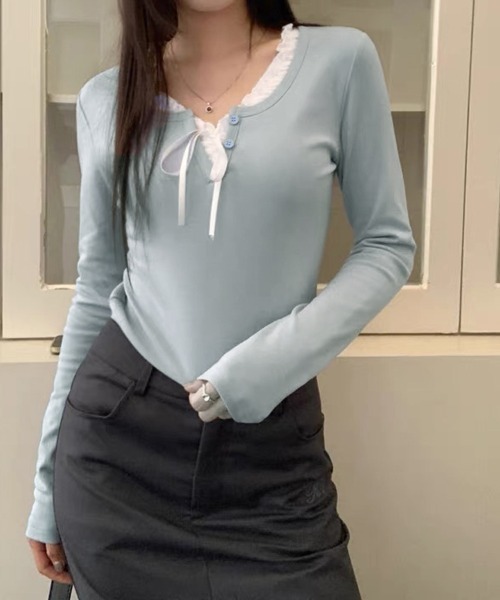LEMOA(レモア)の「フリルネックレイヤード風長袖トップス(Tシャツ/カットソー・レディース・ライトブルー/ダークブルー・LARGE/MEDIUM/X-LARGE)」の6枚目の写真