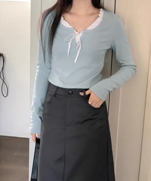 LEMOA(レモア)の「フリルネックレイヤード風長袖トップス(Tシャツ/カットソー・レディース・ライトブルー/ダークブルー・LARGE/MEDIUM/X-LARGE)」の8枚目の写真