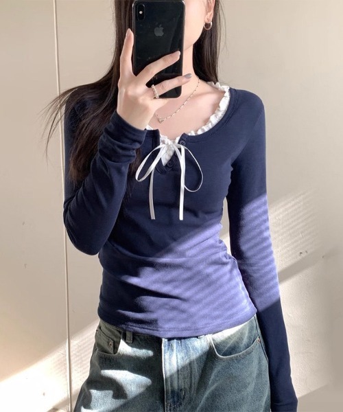 LEMOA(レモア)の「フリルネックレイヤード風長袖トップス(Tシャツ/カットソー・レディース・ライトブルー/ダークブルー・LARGE/MEDIUM/X-LARGE)」の9枚目の写真