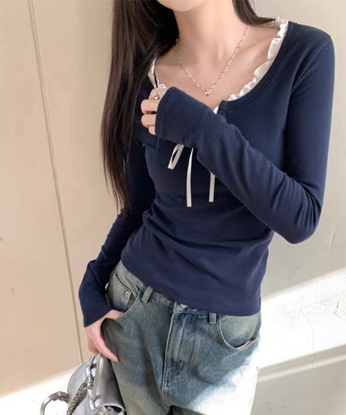 LEMOA(レモア)の「フリルネックレイヤード風長袖トップス(Tシャツ/カットソー・レディース・ライトブルー/ダークブルー・LARGE/MEDIUM/X-LARGE)」の10枚目の写真