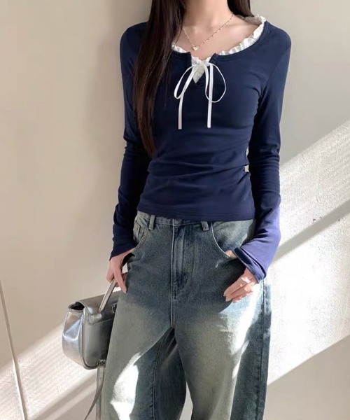 LEMOA(レモア)の「フリルネックレイヤード風長袖トップス(Tシャツ/カットソー・レディース・ライトブルー/ダークブルー・LARGE/MEDIUM/X-LARGE)」の12枚目の写真