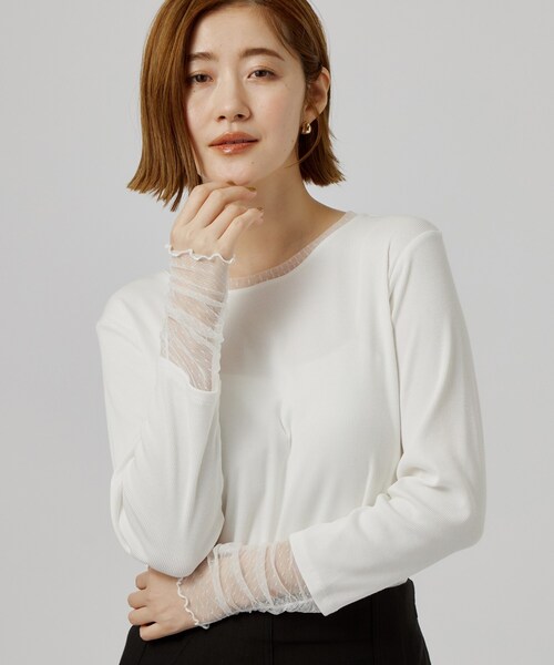grove(グローブ)の「【重ね着にも◎】チュールドッキングテレコカットソー(Tシャツ/カットソー・レディース・オフホワイト/ブラック・02/03/04/05)」の1枚目の写真