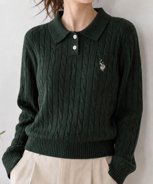 U.S. POLO ASSN.（ユーエスポロアッスン）の「【18】〔U.S.POLO ASSN/ユーエスポロアッスン〕ワンポイントロゴ ケーブルニットポロ レディース（ニット/セーター・レディース・ネイビー/アイボリー/ワインレッド/グリーン・LARGE/MEDIUM）」の3枚目の写真