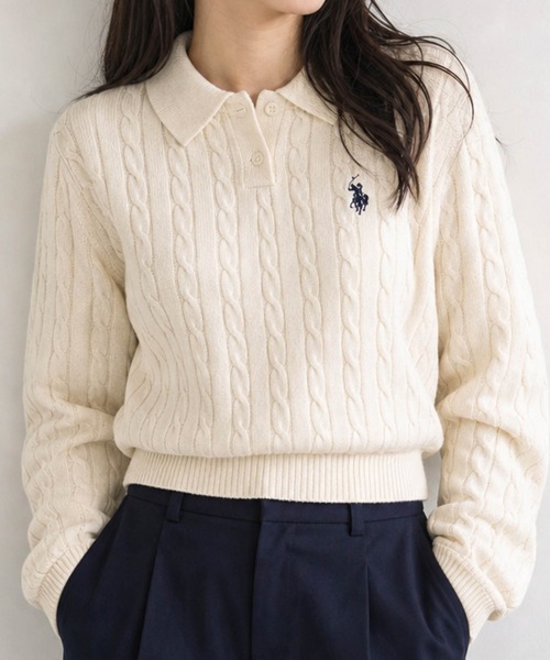 U.S. POLO ASSN.（ユーエスポロアッスン）の「【18】〔U.S.POLO ASSN/ユーエスポロアッスン〕ワンポイントロゴ ケーブルニットポロ レディース（ニット/セーター・レディース・ネイビー/アイボリー/ワインレッド/グリーン・LARGE/MEDIUM）」の2枚目の写真