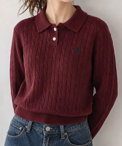 U.S. POLO ASSN.（ユーエスポロアッスン）の「【18】〔U.S.POLO ASSN/ユーエスポロアッスン〕ワンポイントロゴ ケーブルニットポロ レディース（ニット/セーター・レディース・ネイビー/アイボリー/ワインレッド/グリーン・LARGE/MEDIUM）」の4枚目の写真